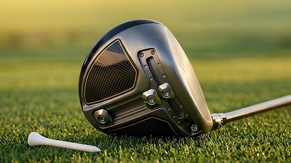 The sole of a modern driver with adjustable weights, resting on the grass beside a tee